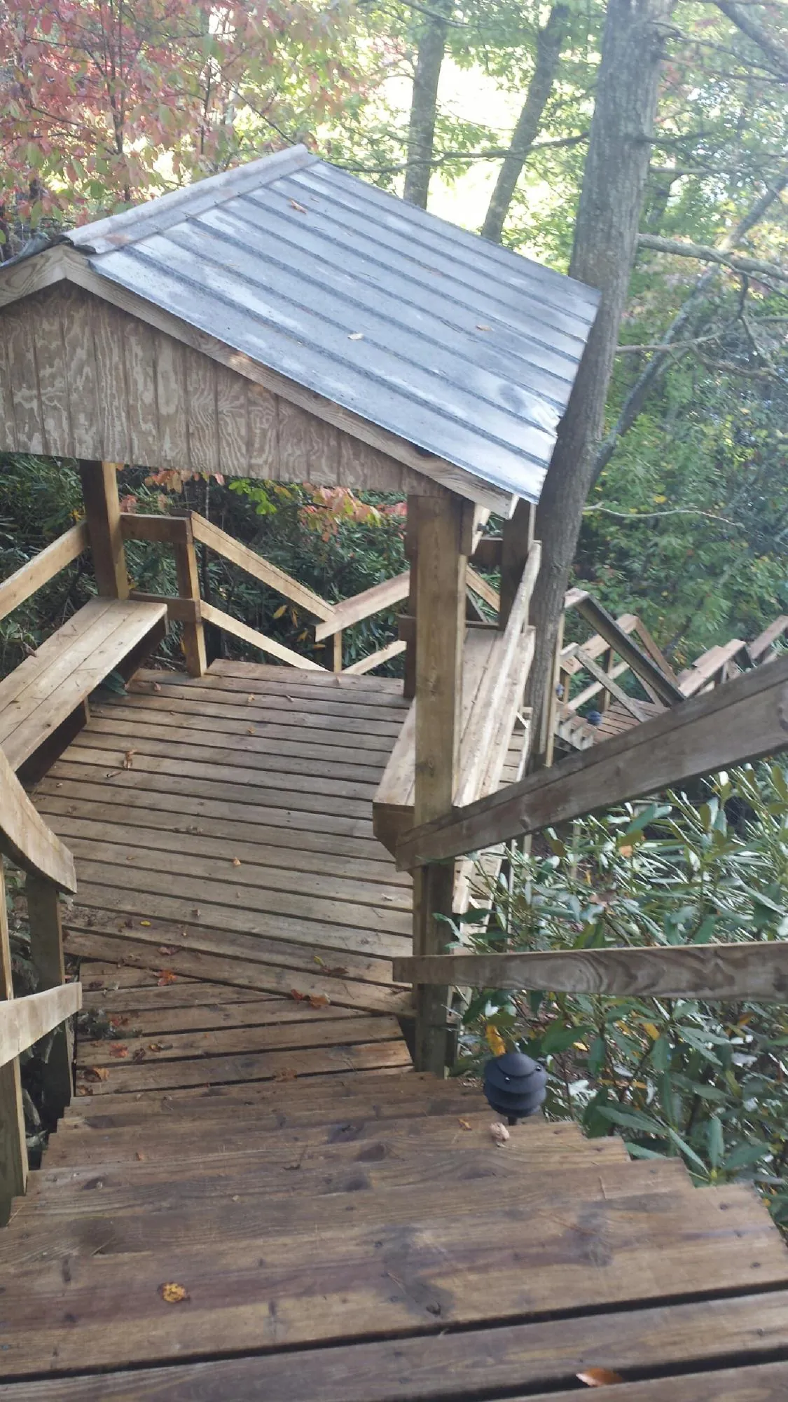 Metal roofed shelter over wooden steps on a wooded walkway — Skylight Repair & Installation work by our crew in Lovejoy
